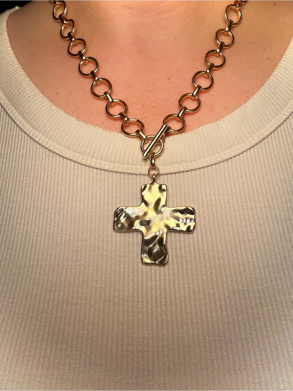 Gold Hammered Cross Pendant Necklace - Women Jewelry
